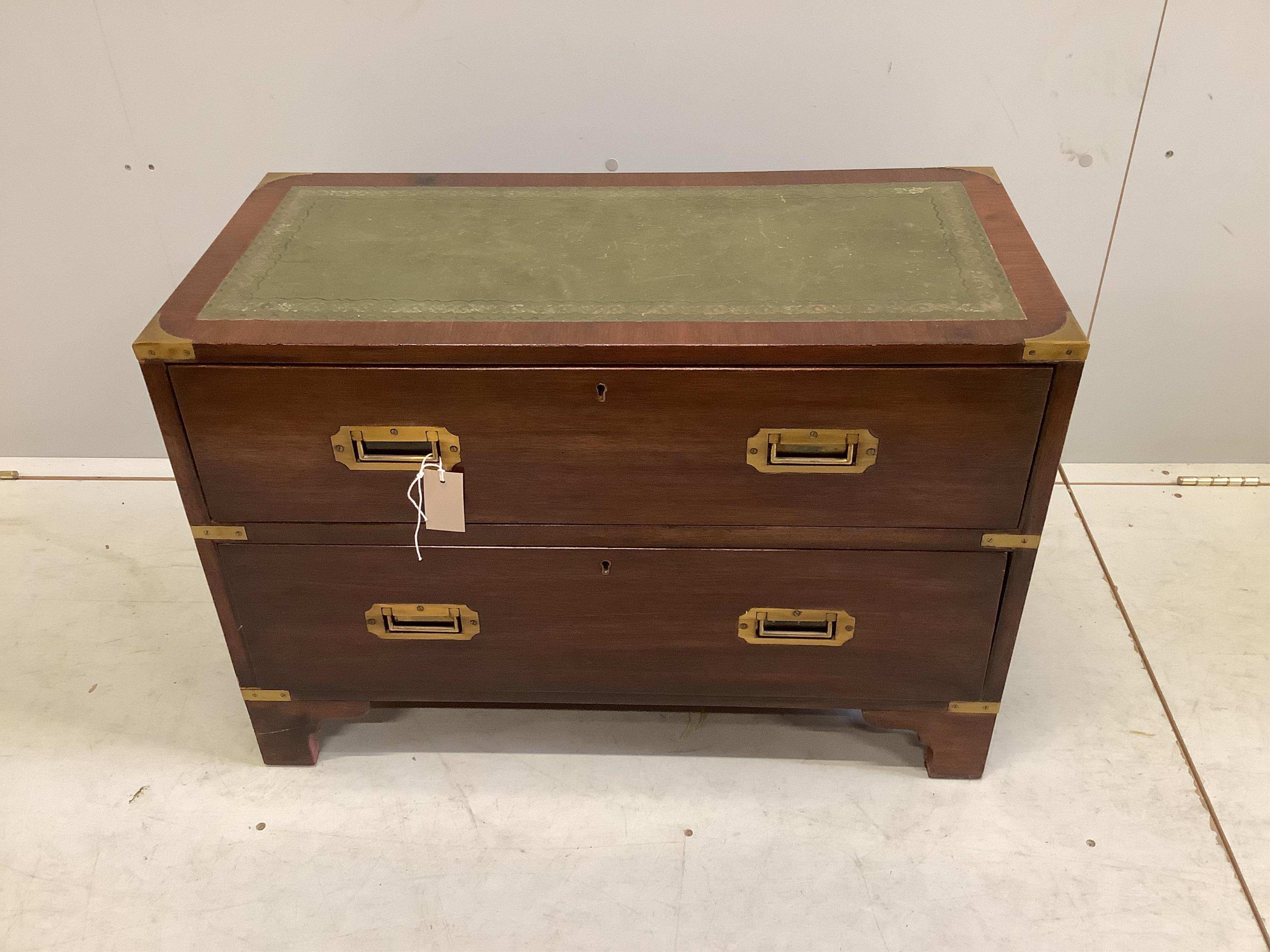 A military style mahogany leather topped two drawer chest, width 76cm, depth 36cm, height 52cm. Condition - fair to good